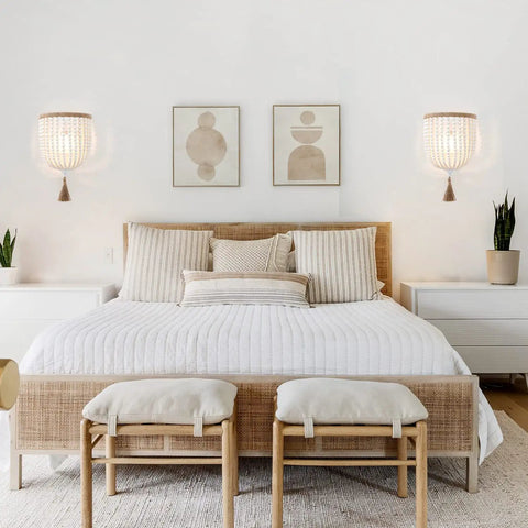 Bohemian Wood Beaded Wall Sconces Two Pack White Finish Rustic Bedside Lighting Fixture above bed in cozy bedroom decor