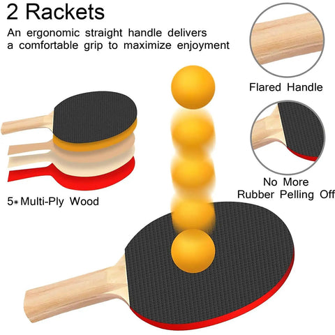 Portable Ping Pong Paddle Set With Retractable Net 2 Rackets 3 Balls Carry Bag featuring multi-ply wood construction and grip details