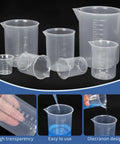 7 Size Plastic Beaker Set With 20 Droppers Clear Graduated Measuring Beakers In 30Ml 50Ml 100Ml 150Ml 250Ml 500Ml And 1000Ml For Everyday Lab Use, showing all seven beakers and droppers demonstrating usage features.