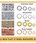 Multi Material Flat Washers Kit Copper Brass Stainless Steel Aluminum Assorted Seals Spacers For M5 To M14 100 Pieces Heavy Duty Washer Set For Home Workshop And DIY Projects, M2-M24 flat ring washers set in compartments