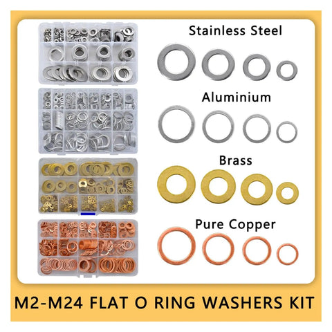Multi Material Flat Washers Kit Copper Brass Stainless Steel Aluminum Assorted Seals Spacers For M5 To M14 100 Pieces Heavy Duty Washer Set For Home Workshop And DIY Projects, M2-M24 flat ring washers set in compartments