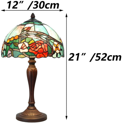Rose Flower Tiffany Style Stained Glass Table Lamp With 12 Inch Wide Lampshade And 21 Inch Tall Red Handmade Lighting For Living Room Or Bedroom Decor And Cozy Vibe Glow For Home displayed on white background.