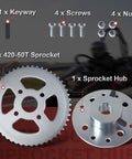 Steel Go Kart Sprocket Hub for Three Quarter Inch Bore and Three Sixteenth Inch Keyway Hardware with visible sprocket kit components