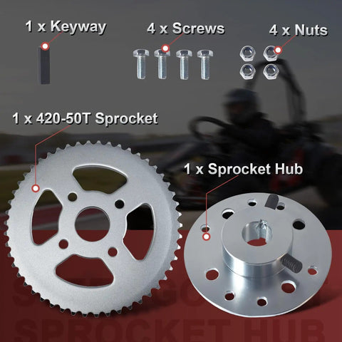 Steel Go Kart Sprocket Hub for Three Quarter Inch Bore and Three Sixteenth Inch Keyway Hardware with visible sprocket kit components