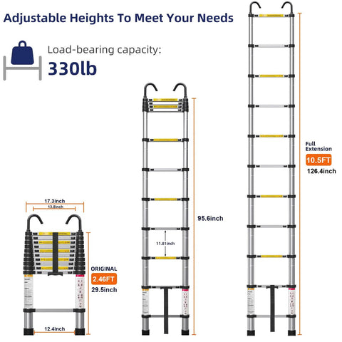 10.5 Foot Telescoping Ladder With Hook, Go-To Aluminum Folding Extension Ladder For Home And RV, Attic Or Garage, Multi Use Durable Aluminum Ladder With Easy Extend And Lock, Supports Up To 330 Lbs. fully extended aluminum telescoping ladder