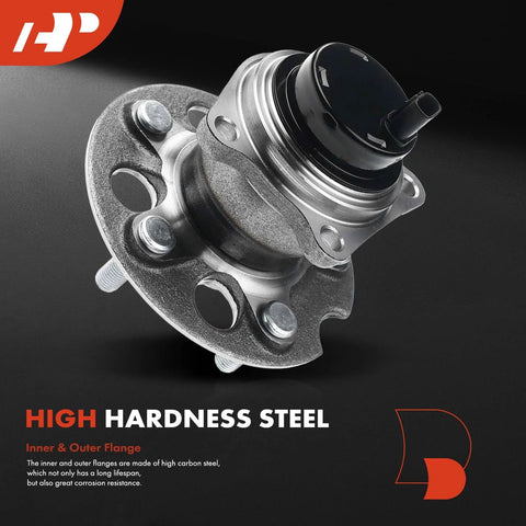Close-up of two pack rear wheel bearing and hub assemblies with ABS for Toyota RAV4 1996 to 2005 FWD, made of high hardness steel.