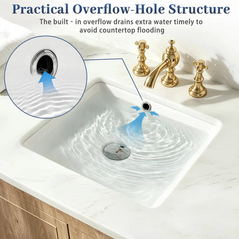 IBVIVIC Undermount Bathroom Sink, 14.4x12.7 Inch white porcelain vessel sink showing practical overflow hole structure.