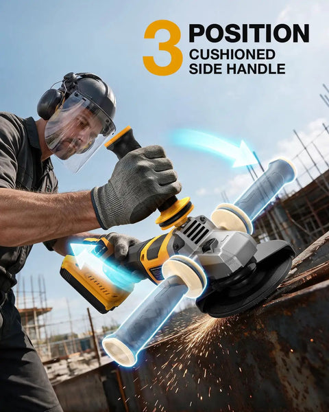 Tough As Nails Five Inch Cordless Angle Grinder Built For 20 Volt Battery Packs With Zero Fluff Heavy Duty Brushless Motor in use with cushioned side handle.