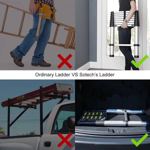Comparison of 15.5 Foot Aluminum Telescoping Extension Ladder With Stabilizer Bar and a traditional ladder, highlighting storage efficiency.