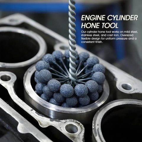 Engine Cylinder Hone Tool 4 1/8 Inch With 240 Grit Ball Brush in use on engine cylinder for honing and deburring.