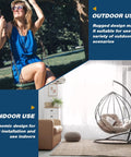 Woman on swing outdoors and empty indoor hanging chair showcasing versatility of Metric M10 Eye Bolts 5 Pack Heavy Duty Stainless Steel 3/8 In By 4 In Long Welded Extension With Shoulder And Nut For Indoor Outdoor Use Swing Basket Suspension Fittings And Lifting Eye Bolts.