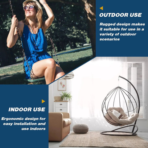 Woman on swing outdoors and empty indoor hanging chair showcasing versatility of Metric M10 Eye Bolts 5 Pack Heavy Duty Stainless Steel 3/8 In By 4 In Long Welded Extension With Shoulder And Nut For Indoor Outdoor Use Swing Basket Suspension Fittings And Lifting Eye Bolts.