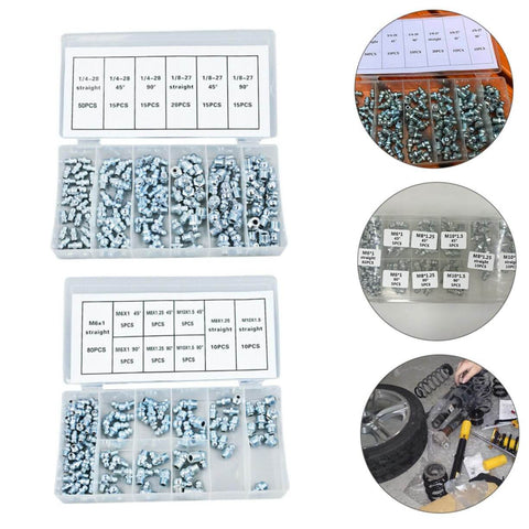 Hydraulic Grease Nipples And Fittings Kit - 260-Piece Metric And Imperial Assortment with grease nozzles and storage boxes