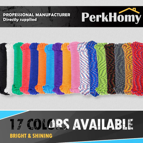 17 colorful options of 90 Ft 1/4 Inch Polyester Rope Diamond Braid, Nylon Like Durability displayed in a row.