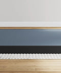 Rock Solid Queen Bed Foundation With Hefty Metal Frame And Modern Five Inch Box Spring Base Featuring Snug Gray Fabric Cover close-up on a rug.
