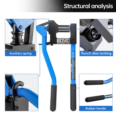Structural analysis of Heavy Duty Manual Lever Sheet Metal Stud Punch 20 Gauge with labeled auxiliary spring and punch dies locking.