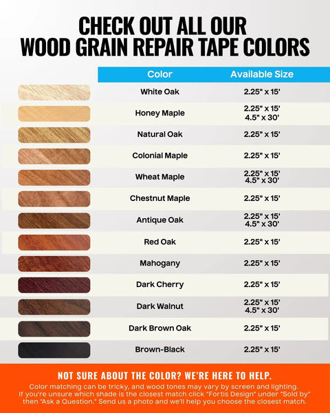 Wood Grain Repair Tape color chart with Dark Walnut 2.25 In X 15 Ft option, includes 12 colors and sizes for repair projects.