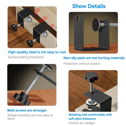 4 Piece C Clamp Set For Woodworking And Cabinet Installations, showing detail of anti-slip pads and cold-rolled steel construction.