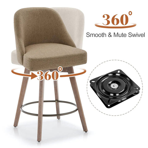 26 Inch Counter Height Swivel Bar Stools Set Of 2 With Backs Linen Upholstery Solid Wood Legs Mid Century Modern Kitchen Island Chairs Easy Clean Fabric Sand Brown featuring 360-degree swivel detail and smooth muted mechanism.