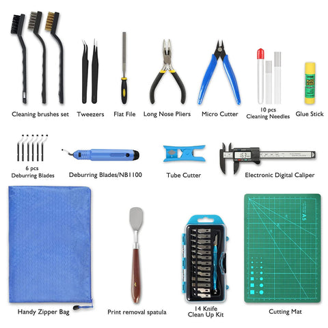 YEETIN 45-piece 3D printer tools kit with digital caliper, deburring blades, tube cutter, tweezers, and storage bag