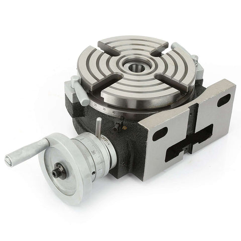 Front view of 6 Inch Rotary Table for Milling Machines with Vertical and Horizontal Indexing Capabilities, metal construction.