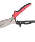Five Blade Downspout Crimper Tool for aluminum and steel, hand-operated with red and black handle, used for creating male joints.
