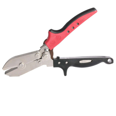 Five Blade Downspout Crimper Tool for aluminum and steel, hand-operated with red and black handle, used for creating male joints.