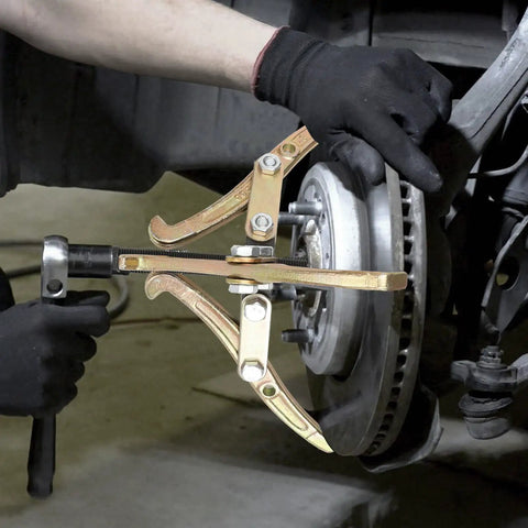8 Inch 3 Jaw Gear Puller Removal Tool Workhorse for Slide Gears Pulleys and Flywheels Gold Finish in use on car part