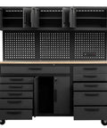 72 Inch Rolling Tool Chest On Wheels With 11 Drawers, Pegboard, Three Upper Cabinets, A Two Door Cabinet, And Built In Power Strip, 18 Inch Deep Wood Top For Massive Garage Workbench And Easy Tool Organization, front view.