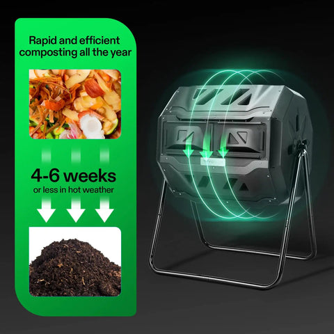 Outdoor Tumbling Composter Dual Rotating Batch Bin 43 Gallon Capacity With Two Chamber Setup For Continuous Efficient Home Composting.