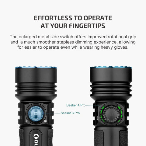 Seeker 4 Pro 4600 Lumen Rechargeable Flashlight with USB C Holster Waterproof, showing side switch for easy operation