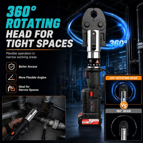 360° rotating head on the Newest Upgrade 21V Brushless Hydraulic Copper Pipe Crimping Tool Kit For tight spaces.