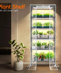 Indoor Greenhouse With Grow Lights And 6 Tier Plant Shelf On Wheels 150W Full Spectrum Grow Lights illuminated in living room