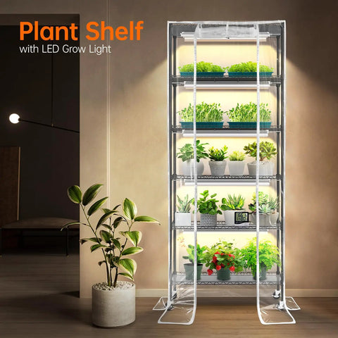 Indoor Greenhouse With Grow Lights And 6 Tier Plant Shelf On Wheels 150W Full Spectrum Grow Lights illuminated in living room