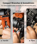 Using Compact Seven Tool Folding Set With Screwdrivers And Hex Keys For Photographers On The Go to adjust camera equipment.