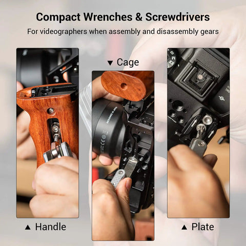 Using Compact Seven Tool Folding Set With Screwdrivers And Hex Keys For Photographers On The Go to adjust camera equipment.