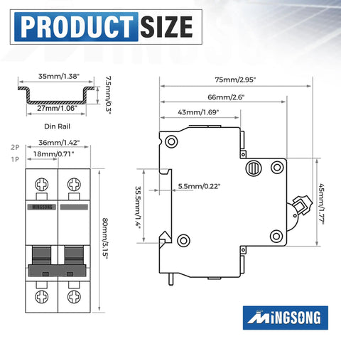 32 Amp Solar Panel Disconnect Switch For PV Systems, DC 12-400V Or AC 90-400V, 2 Pole Mini MCB Solar Shut Off, DIN Rail Mount, Easy Install, Protects Power Distribution From Overload And Short Circuit, Great For Home Or Workshop. dimension diagram
