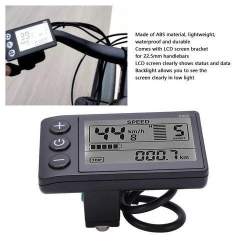 S866 Electric Bike Display LCD Meter for zero point nine inch handlebar, showing speed and assist on screen, 24V 36V 48V