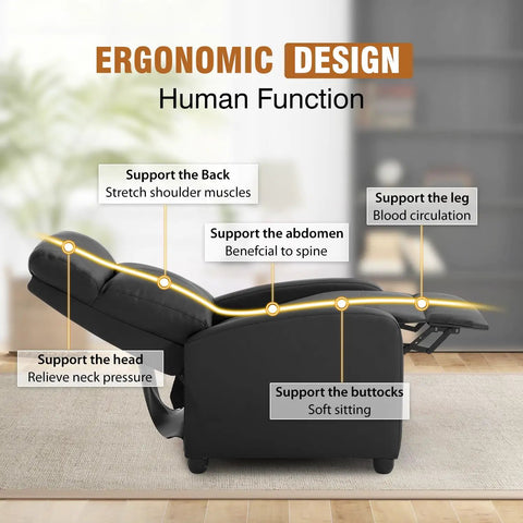 Recliner Chair Push Back Lounge Sofa For Home Theater And Living Room With Lumbar Support Leather Padded Seat Side View