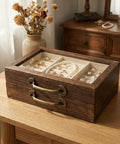 Vintage Bronze Mini Drawer Pulls 20 Pcs Set on wooden jewelry box with glass top, showcasing jewelry inside, antique decor