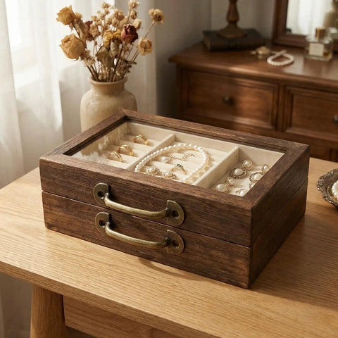 Vintage Bronze Mini Drawer Pulls 20 Pcs Set on wooden jewelry box with glass top, showcasing jewelry inside, antique decor