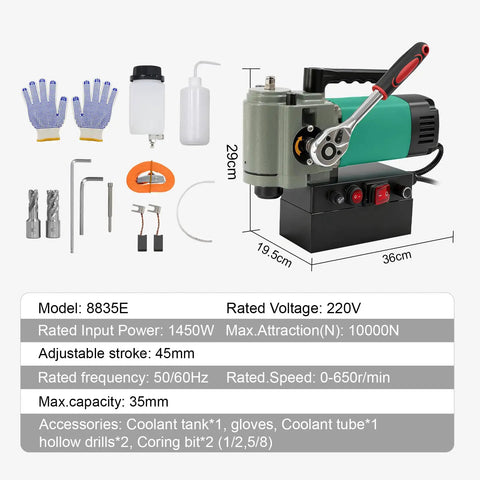 ZHIMAI 1450W Magnetic Drill Press With 1.4 Inch Boring Diameter features drill, gloves, coolant, accessories, and specifications for metal jobs.
