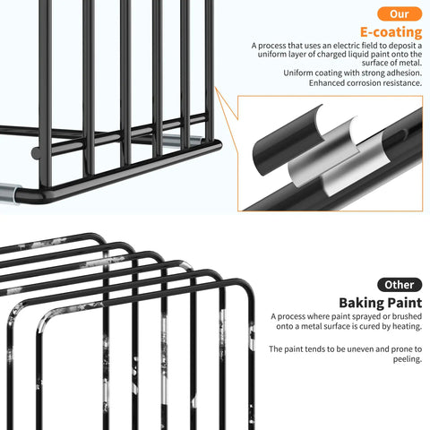 Rust-resistant steel frame of the Sturdy Steel Kitchen Cabinet Organizer Rack With Five Slots For Skillets Pans Baking Trays And Chopping Boards Heavy Duty Cookware Holder For Mess Free Countertop Or Cabinet Storage, E-coating details.