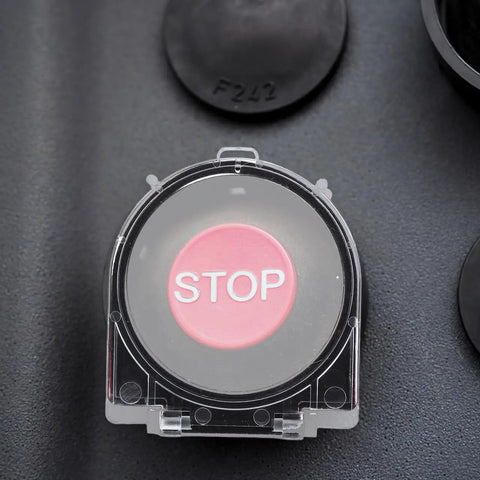 Clear Push Button Switch Cover Protector For Computers And Home Appliances To Keep You From Accidental Shutdowns, showcasing the open cover and a red stop button.