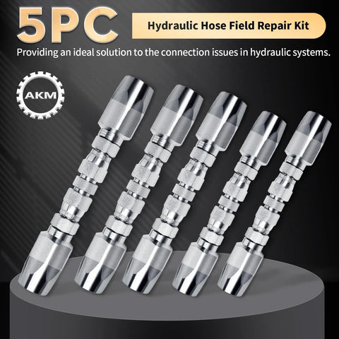 AKM hydraulic hose fittings set, five metal crimp-style fittings, front view