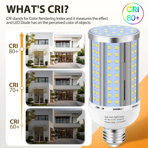 Graphic showing 6 Pack 36W LED Corn Light Bulbs Super Bright 5400LM 5000K Daylight E26 E39 Mogul Base Fanless Cob Lamp
