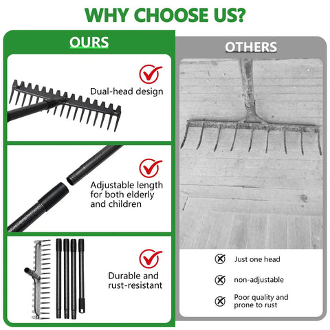 Comparison of dual-head 49 Inch Bow Rake Two In One Metal Garden Rake with adjustable design and durability on the left, single rake on the right