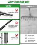 Comparison image showing dual-head design, adjustable length, and durability of 63 Inch Bow Rake Two In One Metal Garden Rake.