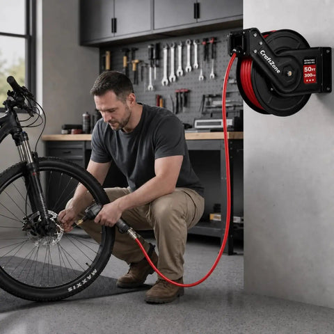 Man using No More Snagging Lines, Retractable Air Compressor Hose Reel With Auto Rewind For 50 Foot 300 PSI to inflate bike tire.