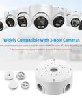 Waterproof Security Camera Junction Box Kit 8 Pack ABS Plastic Wall Mount Brackets for CCTV Cameras Hide Cables shown with compatible cameras and components.